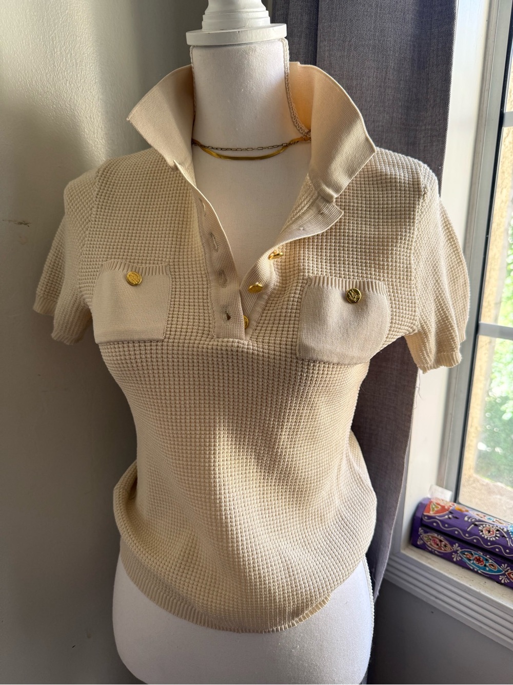 Cream Knit Polo Top with Gold Buttons